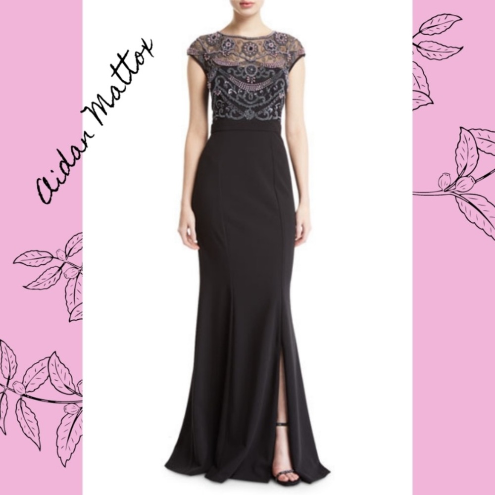 Aidan Mattox beaded bodice long dress with slit
